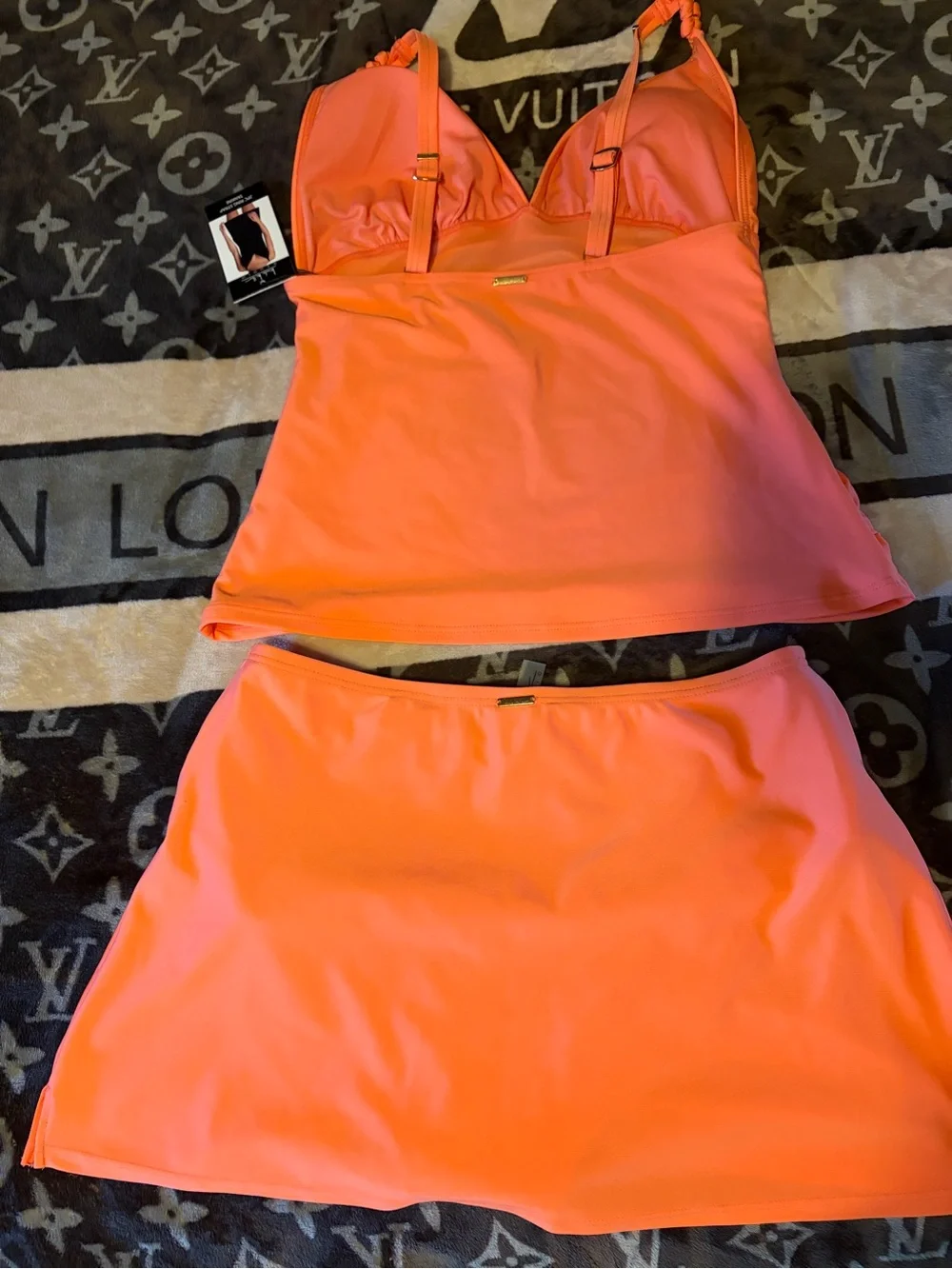 Nicole Miller Neon Orange Tankini Top with Skirt Swim Set